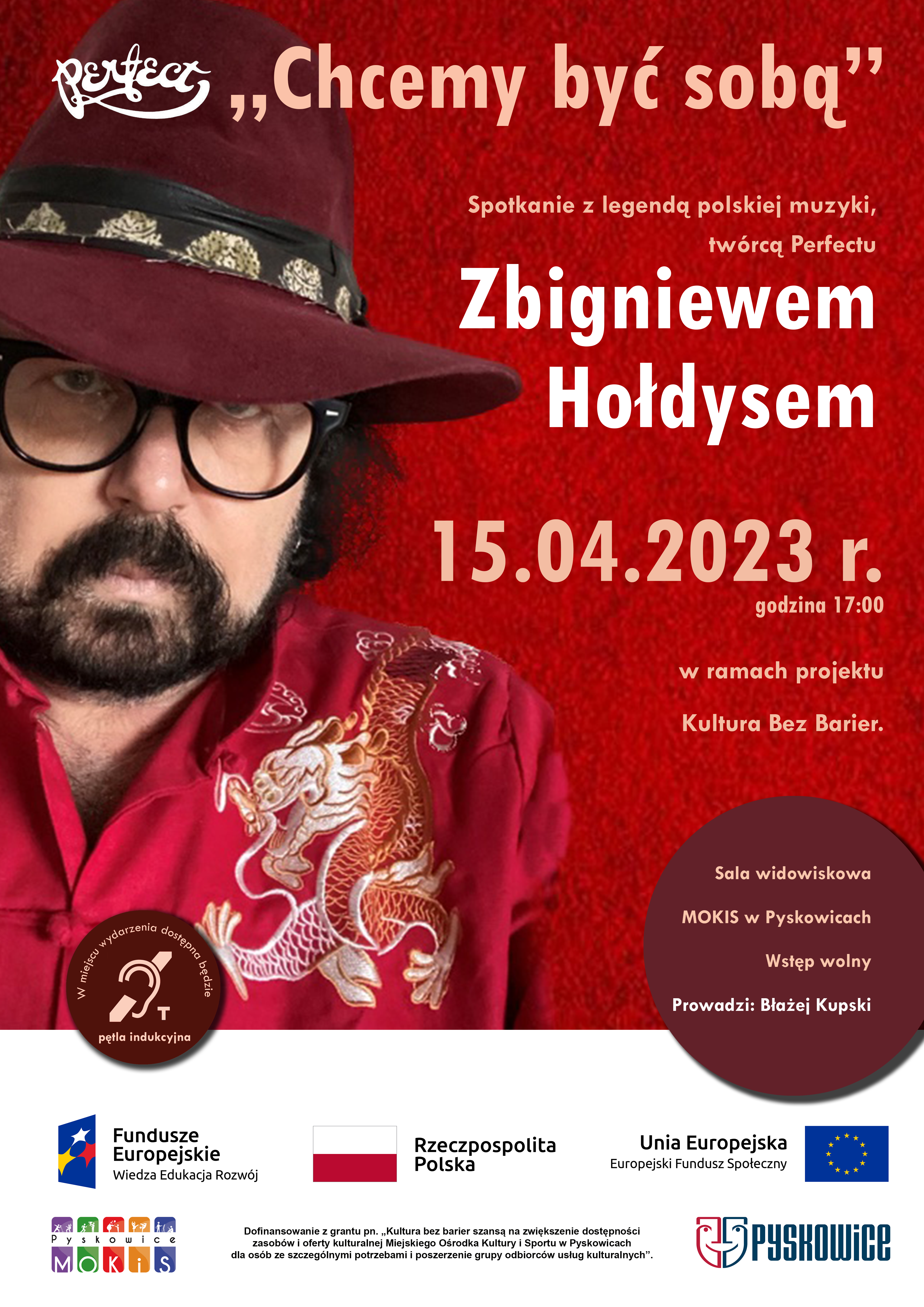 Plakat promujący spotkanie z legendą polskiej muzyki twórcą zespołu Perfect