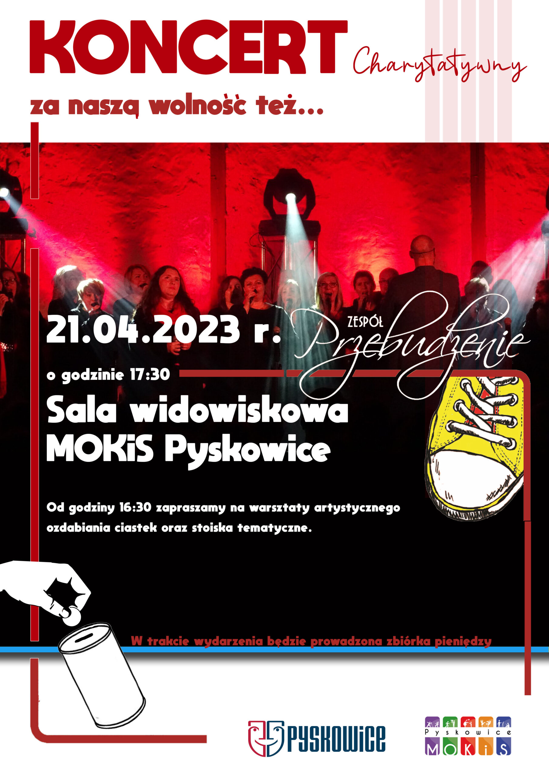 Plakat zapowiadający koncert zespołu Przebudzenie oraz warsztaty artystyczne
