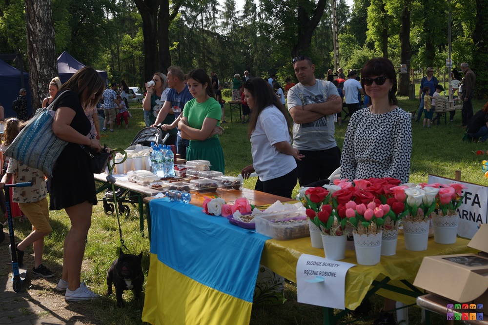 Na zdjęciu widać stoły zastawione produktami. Na jednym z nich jest przewieszona flaga Ukraińska. Przy stołach stoją ludzie. W tle widać trawnik oraz drzewa parkowe