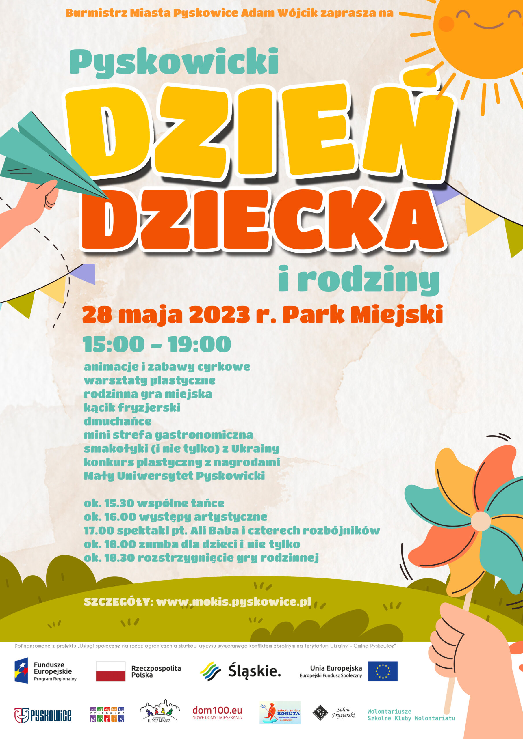 Plakat promujący pyskowicki Dzień Dziecka i rodziny 28 maja 2023r. w Parku Miejskim w Pyskowicach
