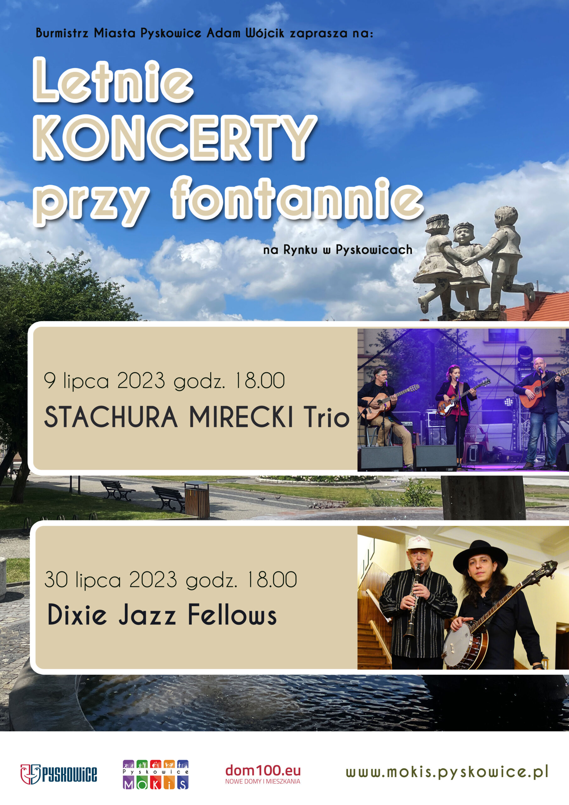 Plakat promujący letnie koncerty przy fontannie na rynku w Pyskowicach