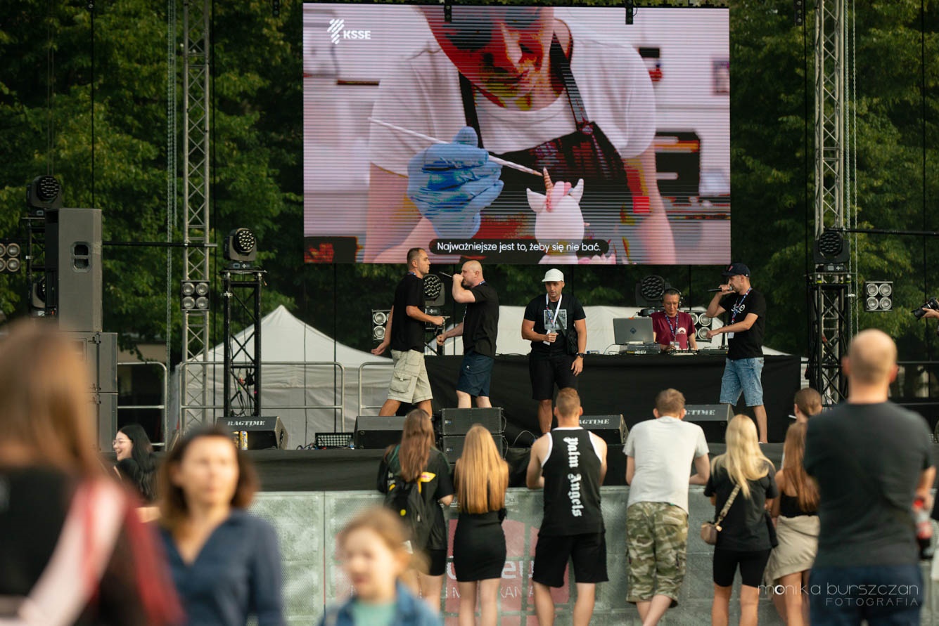 Zdjęcie przedstawia artystów oraz publiczność w czasie trwania 36. Dni Pyskowic. Ogólny widok na scenę, publiczność i okoliczne atrakcje.