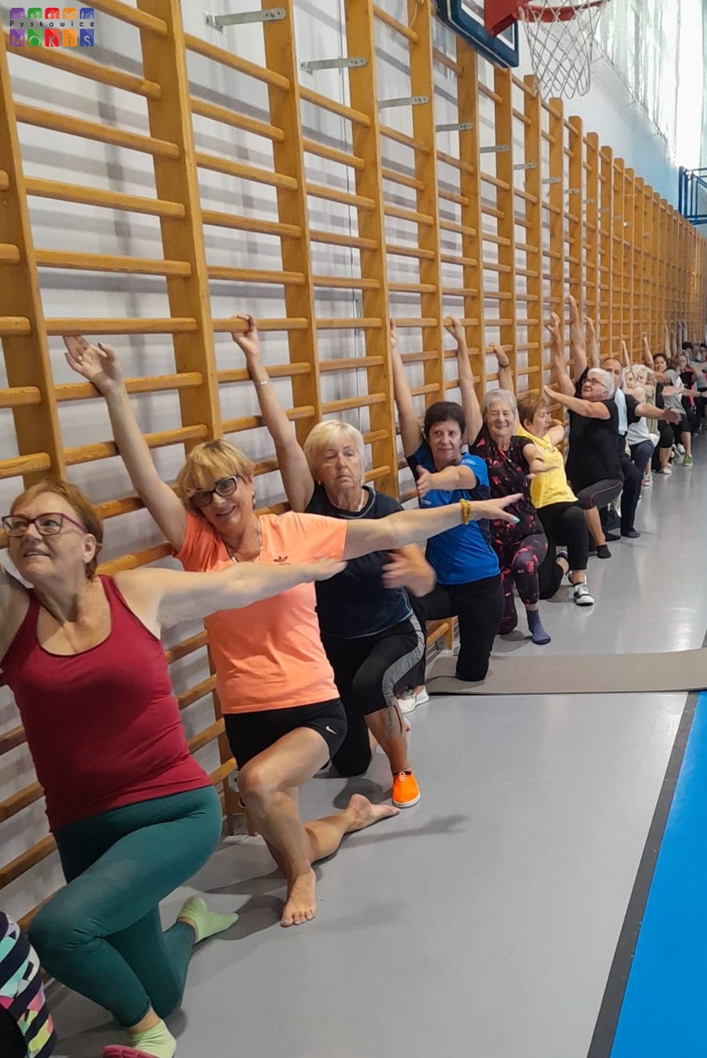 Zdjęcie przedstawia ćwiczące Panie - Seniorki przy drabinkach w hali sportowej