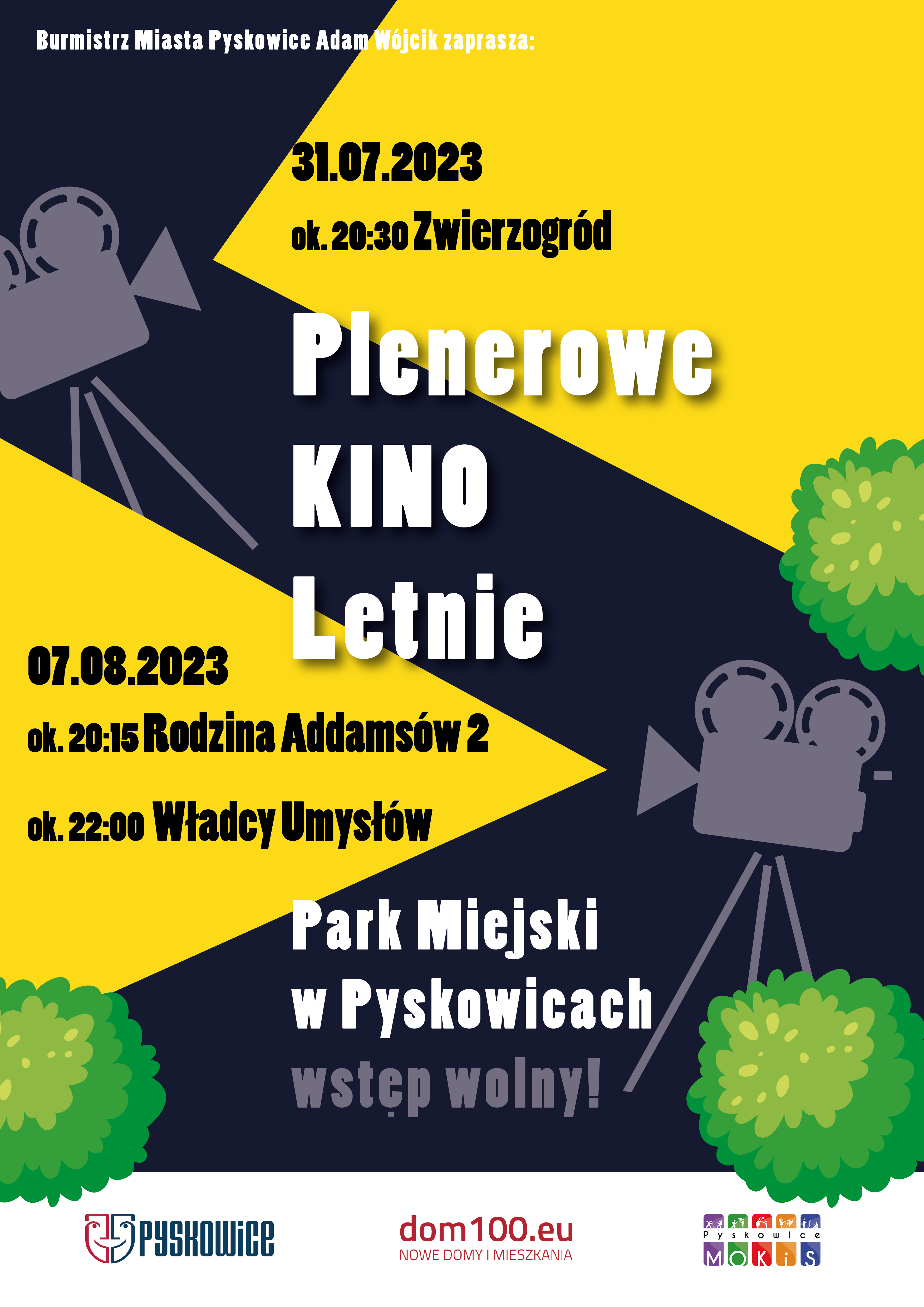 Plakat promujący Plenerowe Kino Letnie w Parku Miejskim w Pyskowicach