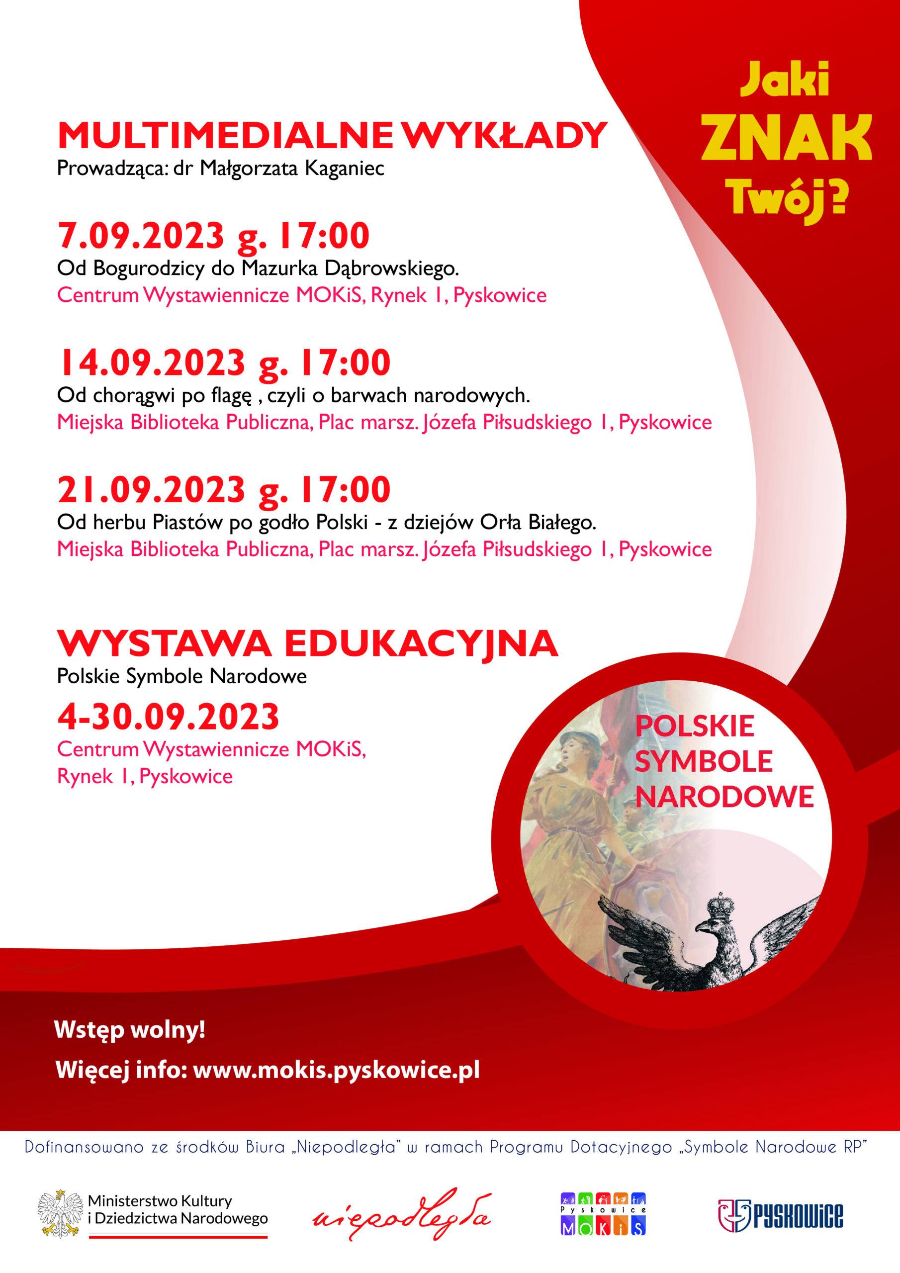 Plakat promujący wykłady. Czerwono- biała kolorystyka, na środku tekst z datami wykładów