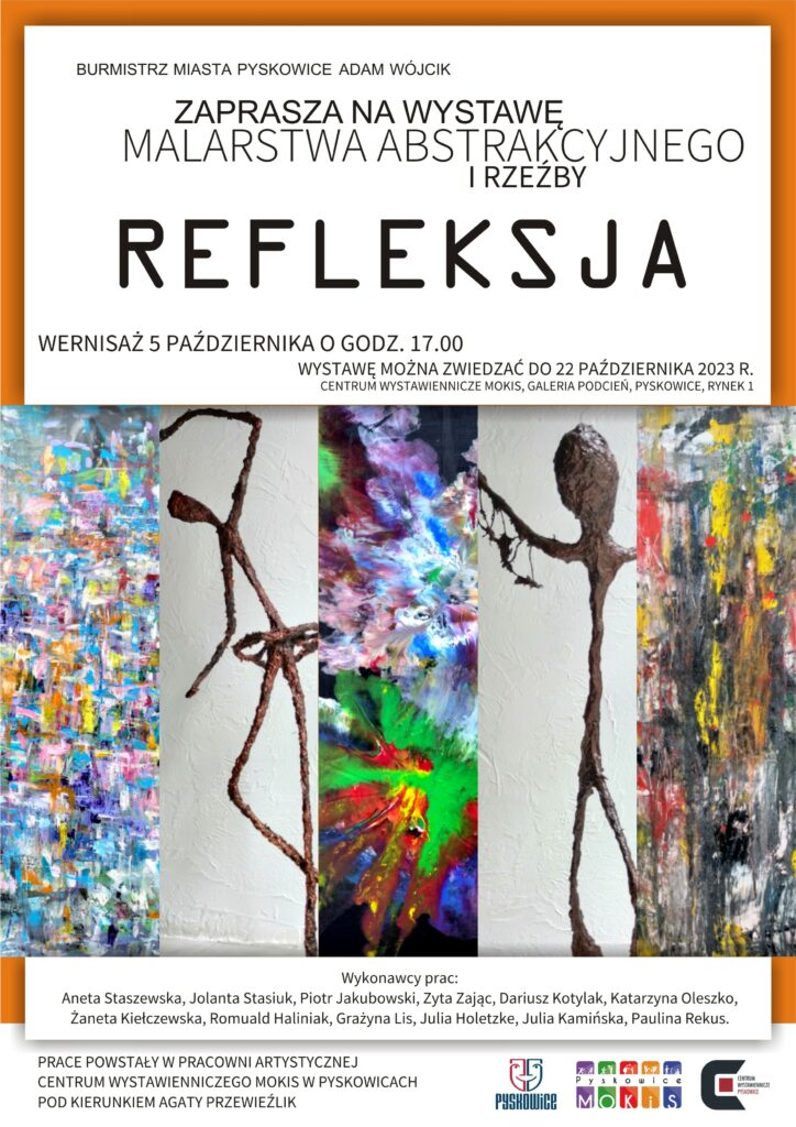 Plakat promujący wystawę malarstwa abstrakcyjnego i rzeźby REFLEKSJA
