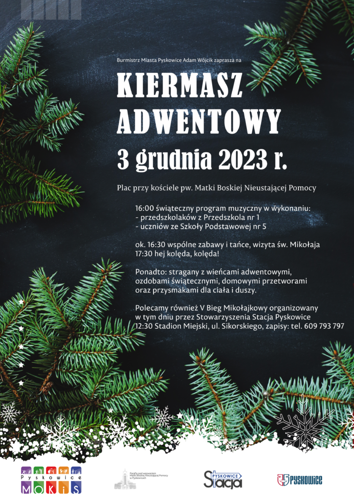 Plakat promujący Kiermasz Adwentowy przy parafii Matki Boskiej Nieustającej Pomocy 3 grudnia 2023