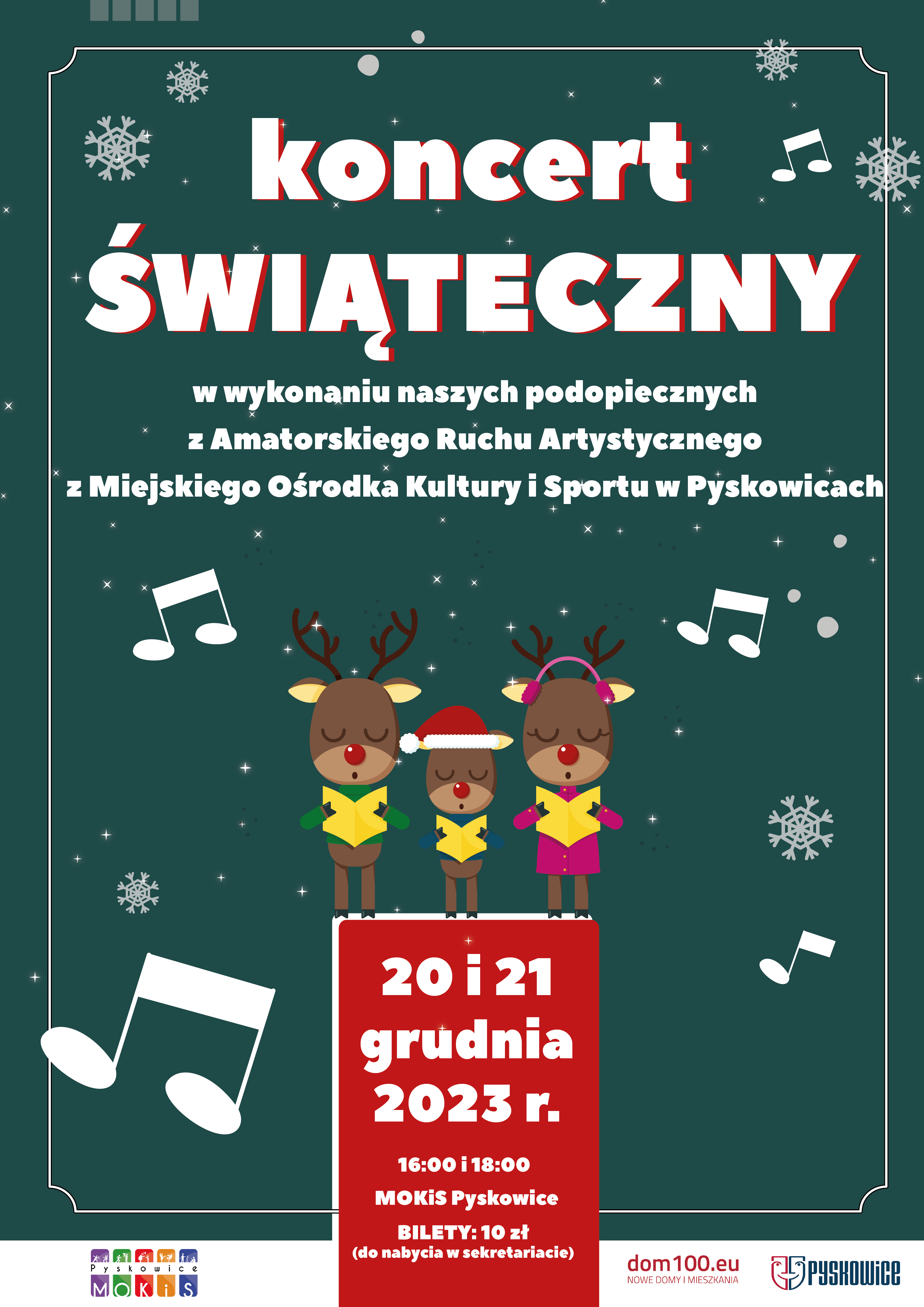 Plakat promujący Koncert Świąteczny w wykonaniu podopiecznych Miejskiego Ośrodka Kultury i Sportu w Pyskowicach