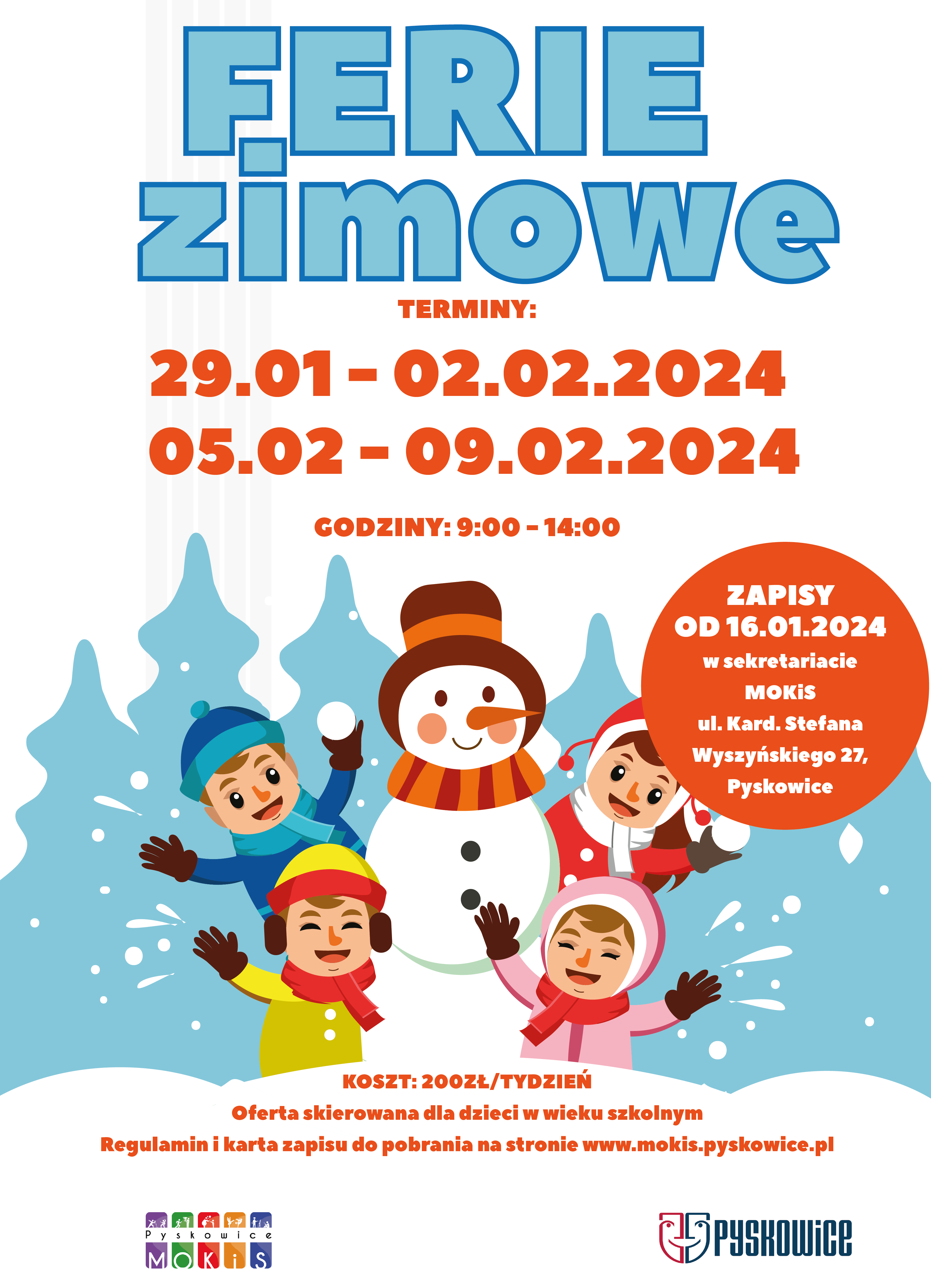 Plakat promujący Ferie zimowe 2024 w MOKiS Pyskowice