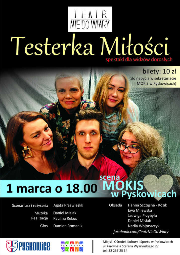 Plakat promujący spektakl teatralny teatru Nie Do Wiary "Testerka Miłości"