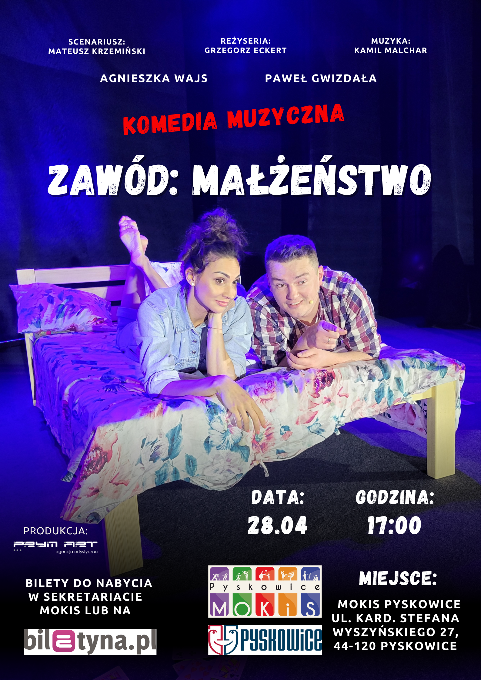 Plakat promujący spektakl muzyczny "Zawód małżeństwo"