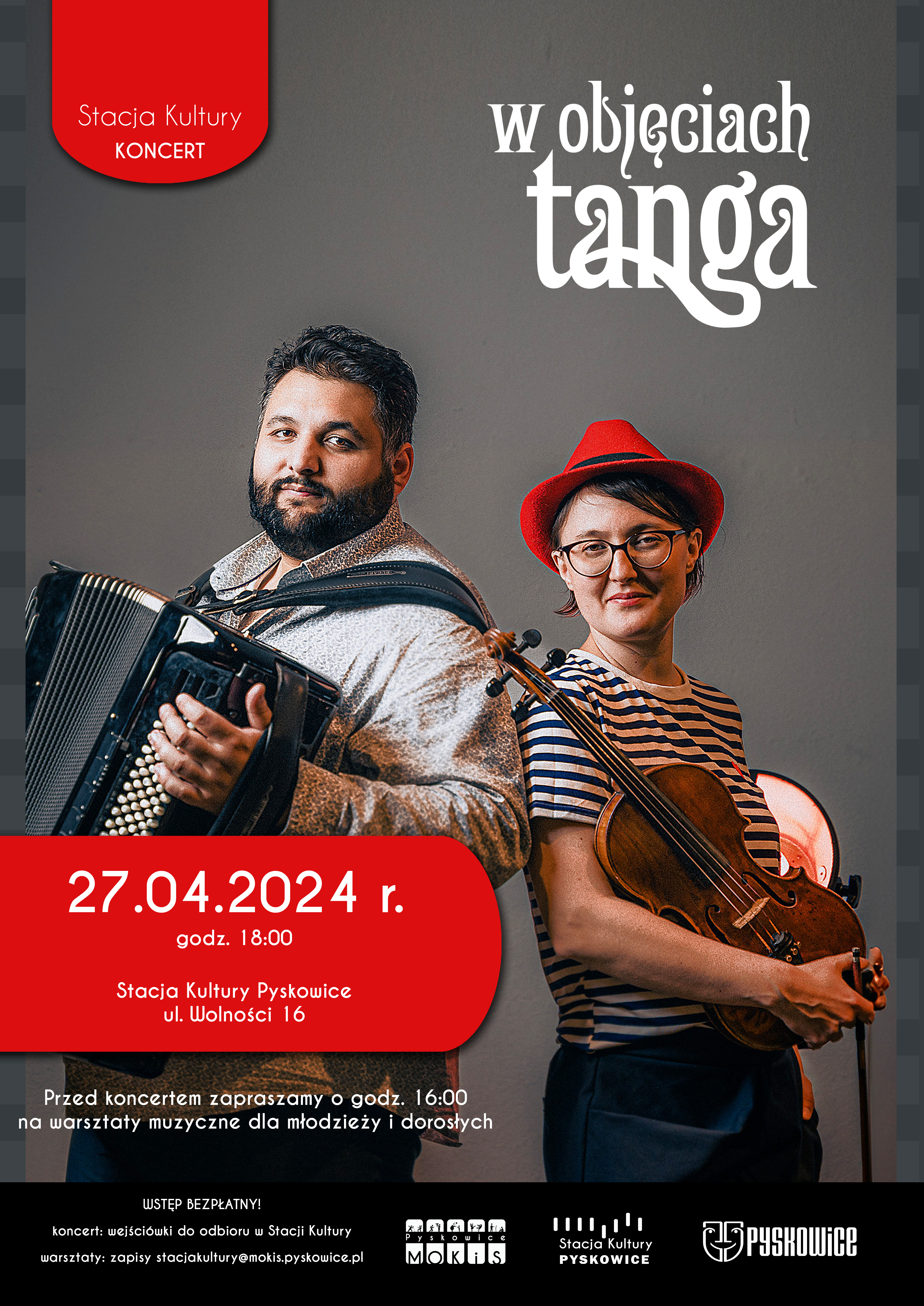 Plakat promujący koncert pod nazwą w objęciach tanga w Stacji Kultury Pyskowice